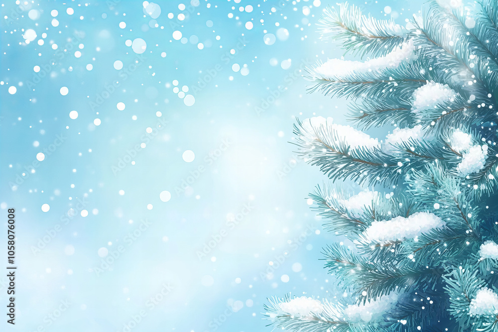 Snowy Pine Tree Backgroundwith Copy Space in Winter Wonderland Scenery with Blue Sky, Ideal for Holiday and Seasonal Design Themes Snowy Pine Tree Backgroundwith Copy Space in Winter Wonderland Scenery with Blue Sky, Ideal for Holiday and Seasonal Design Themes