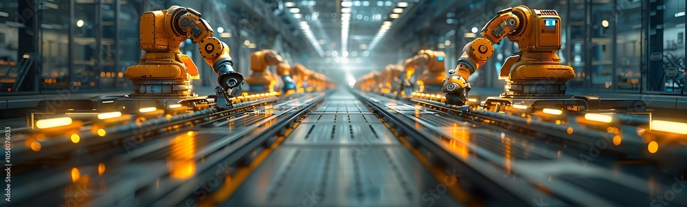 A high-tech industrial scene featuring robotic arms working in a bright, automated manufacturing facility with glowing tracks. A high-tech industrial scene featuring robotic arms working in a bright, automated manufacturing facility with glowing tracks.