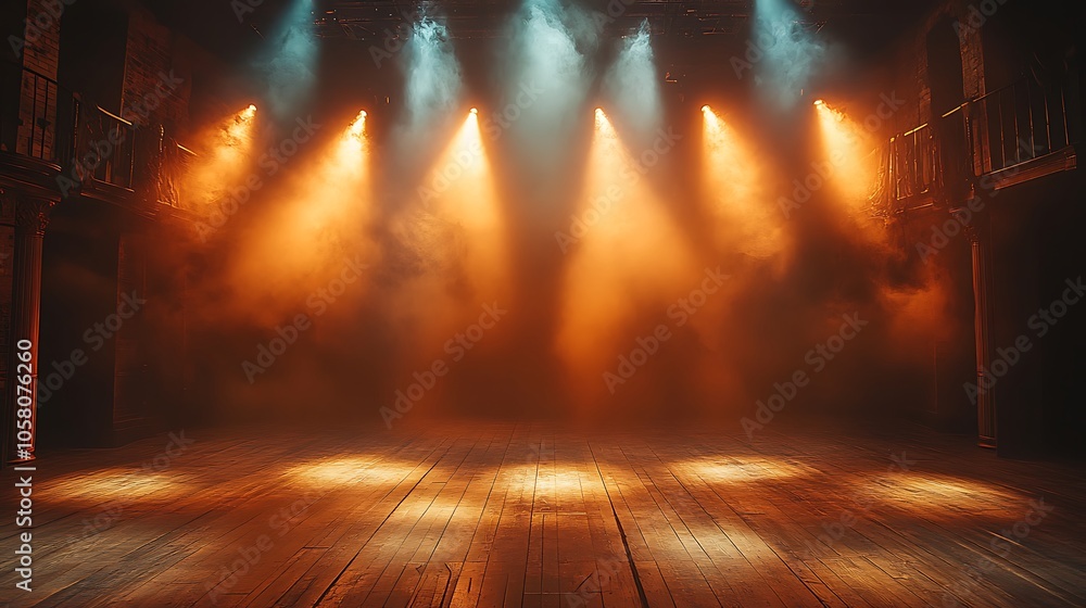 Naklejka premium Mysterious theater stage bathed in smoky ambiance and warm lighting illustration