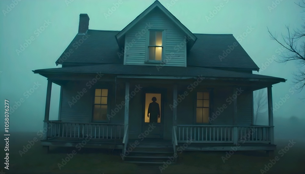 A wooden house with an old and dilapidated appearance that is bright and cheery. It features a gabled roof and a porch with a shadowy figure visible in the doorway. The windows are dimly lit. A wooden house with an old and dilapidated appearance that is bright and cheery. It features a gabled roof and a porch with a shadowy figure visible in the doorway. The windows are dimly lit.
