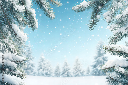 Snowy Pine Tree Backgroundwith Copy Space in Winter Wonderland Scenery with Blue Sky, Ideal for Holiday and Seasonal Design Themes