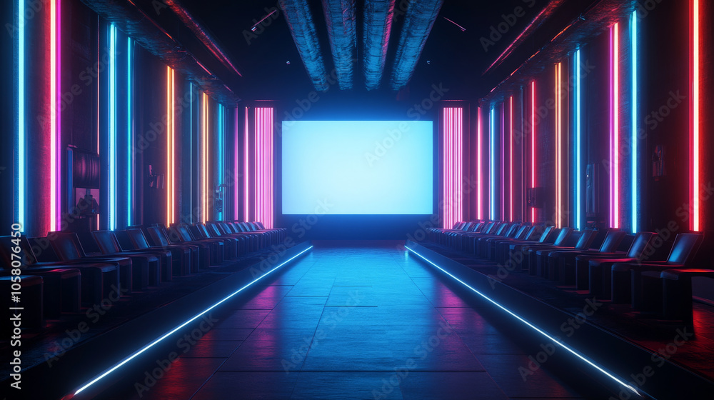 modern presentation space featuring blank projection screen, illuminated by vibrant neon lights. sleek design creates futuristic atmosphere, perfect for events modern presentation space featuring blank projection screen, illuminated by vibrant neon lights. sleek design creates futuristic atmosphere, perfect for events