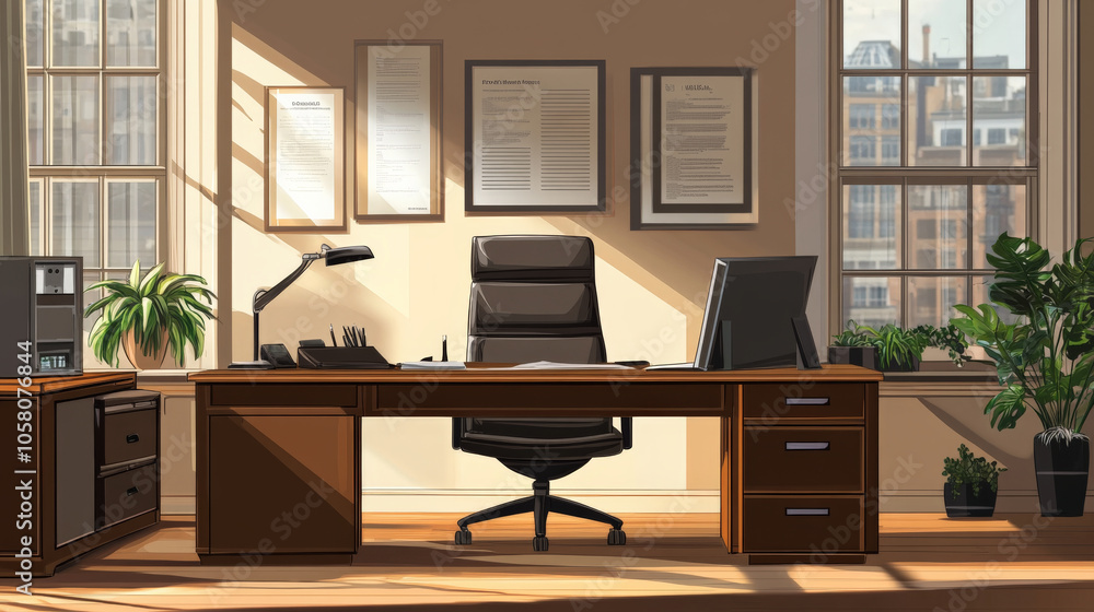 modern office interior featuring wooden desk, ergonomic chair, and plants. Sunlight streams through large windows, creating warm atmosphere modern office interior featuring wooden desk, ergonomic chair, and plants. Sunlight streams through large windows, creating warm atmosphere