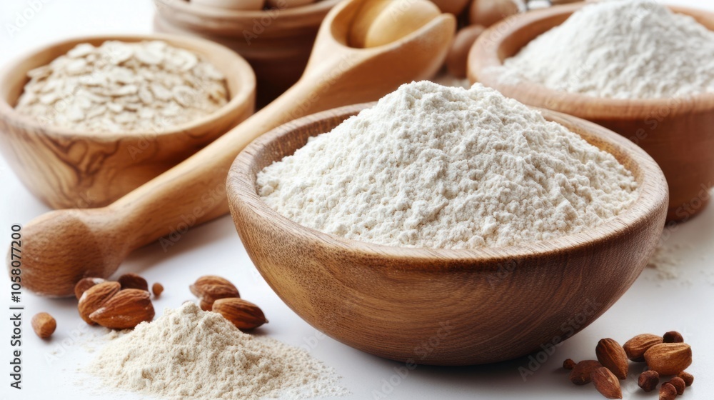 White flour in a round wooden bowl, showcasing baking ingredients, isolated on white background White flour in a round wooden bowl, showcasing baking ingredients, isolated on white background
