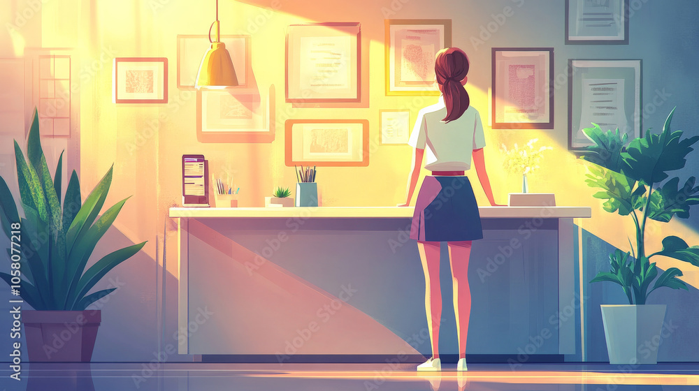 woman stands at modern desk in bright, artistic workspace, surrounded by plants and framed artwork. warm light creates serene atmosphere woman stands at modern desk in bright, artistic workspace, surrounded by plants and framed artwork. warm light creates serene atmosphere