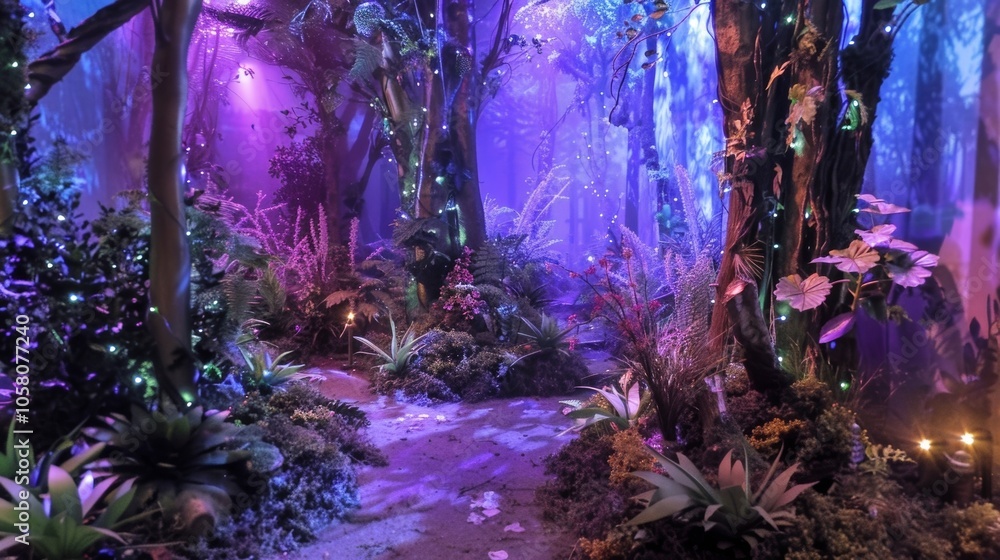 Fototapeta premium Dirt path is winding through a magical forest glowing with purple and blue lights at night. The lush foliage includes ferns and flowers