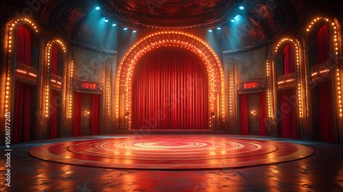 Stunning circular circus stage with vintage arches and rich red curtains picture