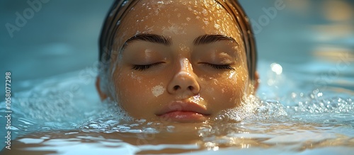 This image captures a serene moment where a woman submerges herself in water, eyes closed, exuding calmness and tranquility. photo