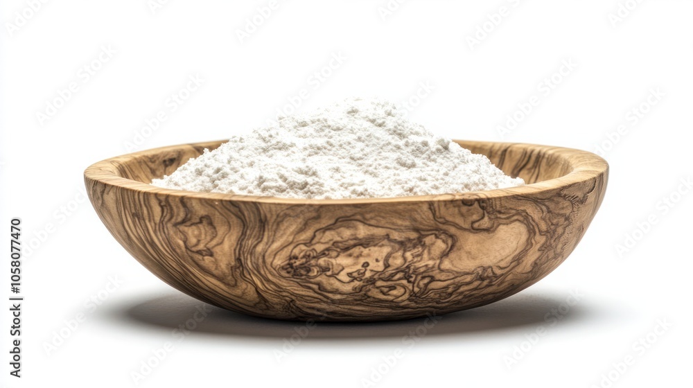 White flour in a wooden bowl, perfect for traditional cooking visuals, isolated on white background White flour in a wooden bowl, perfect for traditional cooking visuals, isolated on white background