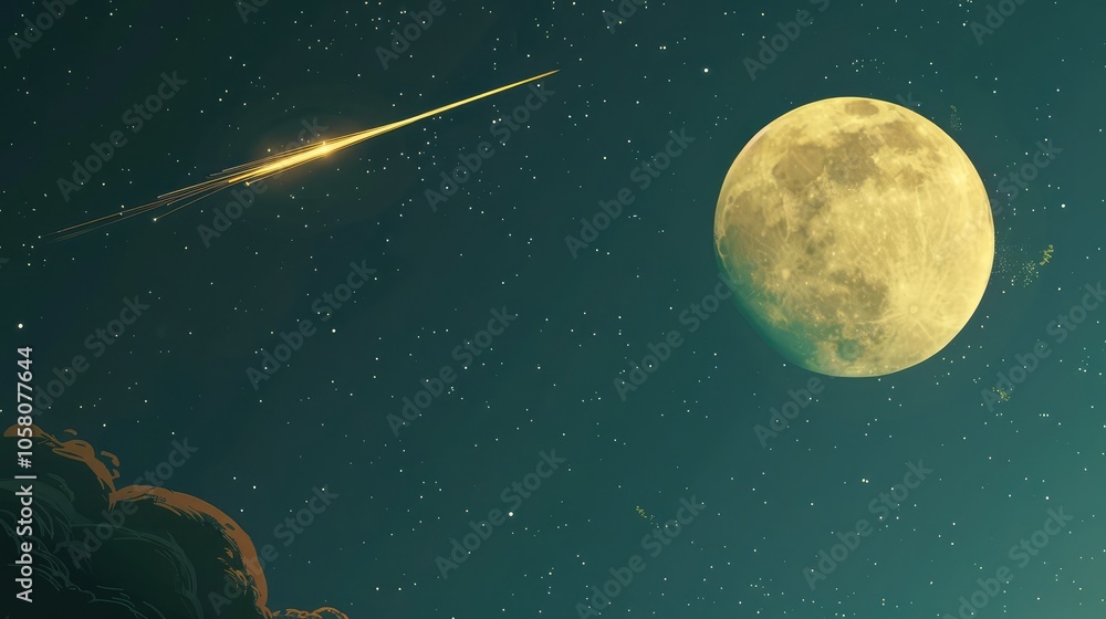 Naklejka premium A large bright moon glowed in the night sky. Astronomical objects orbiting the planet Earth. It is the world's only permanent natural satellite.