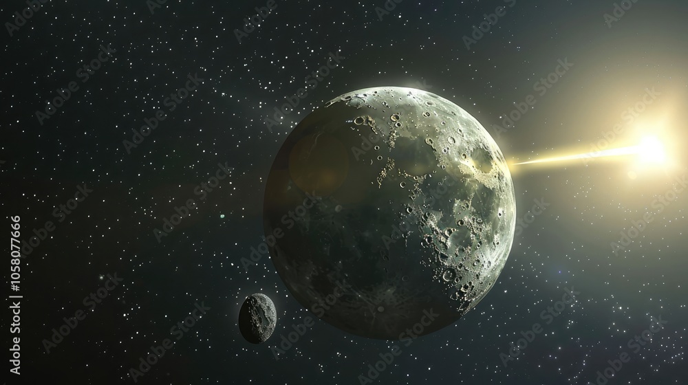 Fototapeta premium A large bright moon glowed in the night sky. Astronomical objects orbiting the planet Earth. It is the world's only permanent natural satellite.
