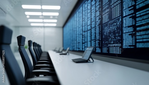 Empty conference room with a large digital display showing code.