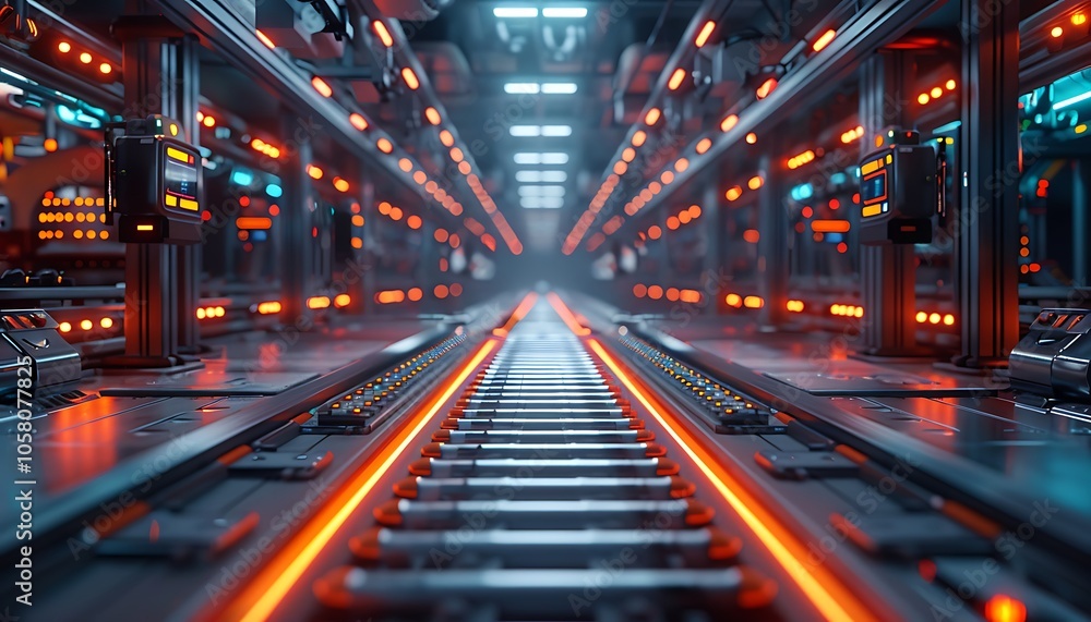 A futuristic corridor with illuminated rail tracks, flanked by high-tech machinery and vibrant lights, creating a sci-fi atmosphere. A futuristic corridor with illuminated rail tracks, flanked by high-tech machinery and vibrant lights, creating a sci-fi atmosphere.