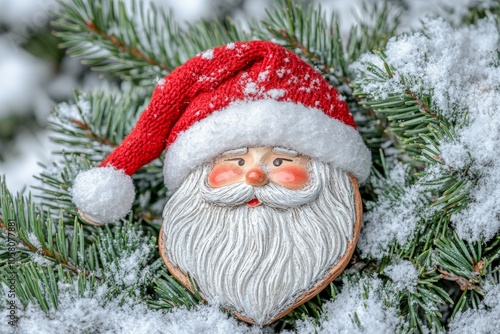 Santa Claus ornament with a red hat and friendly face nestled in a snowy pine branch embodying the warmth and joy of holiday traditions