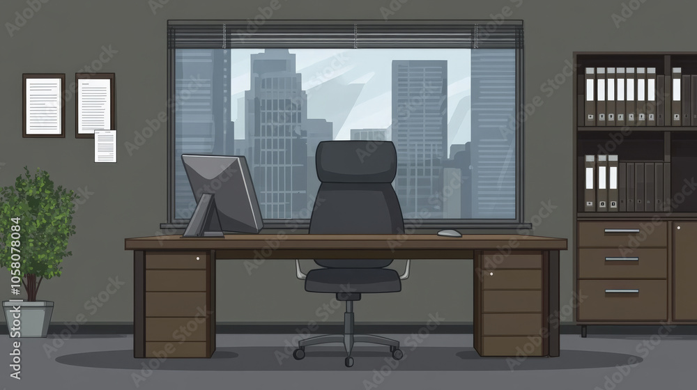 modern office scene featuring empty desk, chair, and city view. workspace is organized with plant and filing cabinets, creating professional atmosphere modern office scene featuring empty desk, chair, and city view. workspace is organized with plant and filing cabinets, creating professional atmosphere