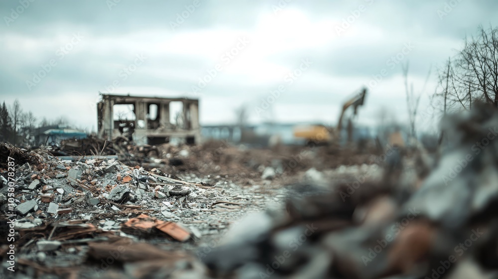 A pile of rubble and debris from a demolished building, with a partially destroyed structure in the background. A pile of rubble and debris from a demolished building, with a partially destroyed structure in the background.