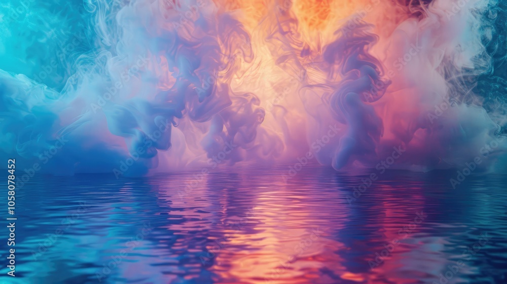 Fototapeta premium Multicolored vapor floats over a calm reflective surface in an illuminated environment.