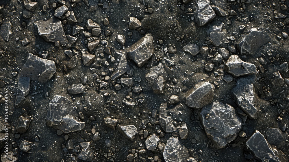Close-up of dark soil and gravel surface with a mixture of fine soil and coarse stones. Close-up of dark soil and gravel surface with a mixture of fine soil and coarse stones.