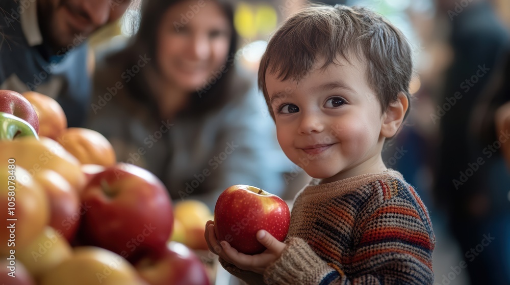 Fototapeta premium Healthy choices for children: little one picking fresh apple over sweet treat in family market setting