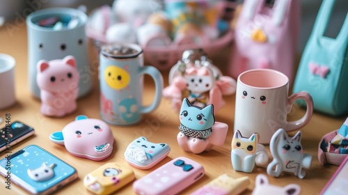 Cute charms and accessories decorating everyday items like mugs and phones for a playful touch