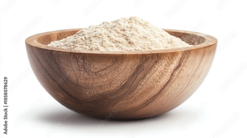 Wooden bowl filled with fine flour, representing simplicity in baking, isolated on white background Wooden bowl filled with fine flour, representing simplicity in baking, isolated on white background