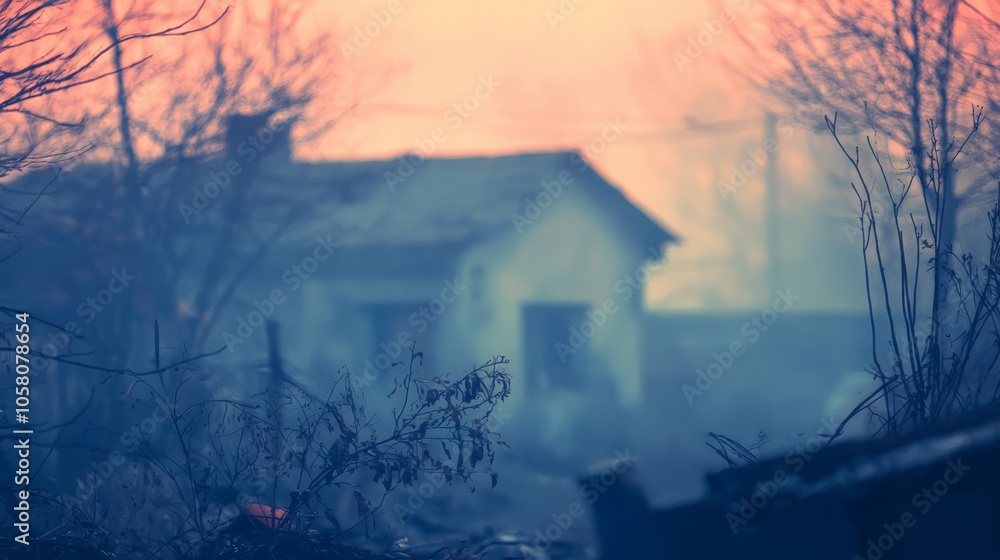Fototapeta premium A hazy and ethereal landscape with a house in the distance, shrouded in a soft, blue-hued mist.