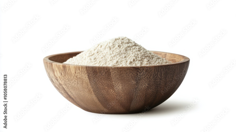 Wooden bowl filled with fine flour, showcasing natural cooking essentials, isolated on white background Wooden bowl filled with fine flour, showcasing natural cooking essentials, isolated on white background