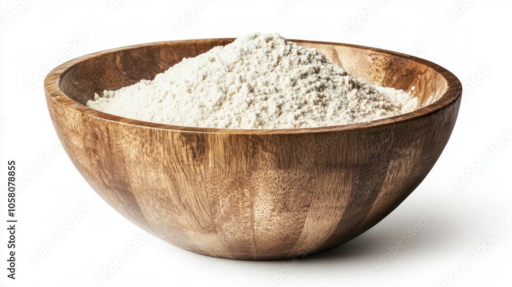 Wooden bowl filled with fine flour, showcasing natural cooking essentials, isolated on white background Wooden bowl filled with fine flour, showcasing natural cooking essentials, isolated on white background