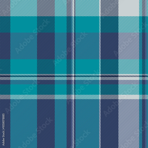 Identity check tartan vector, scratch plaid texture background. Thread textile fabric seamless pattern in blue and cyan colors.