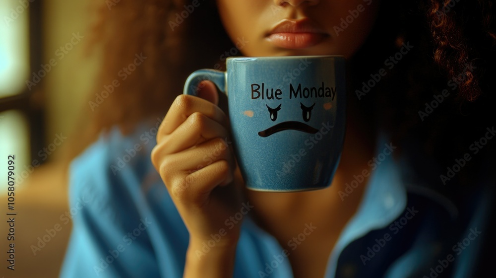 Woman holding blue mug with sad face, emphasizing the concept of blue monday melancholy Woman holding blue mug with sad face, emphasizing the concept of blue monday melancholy