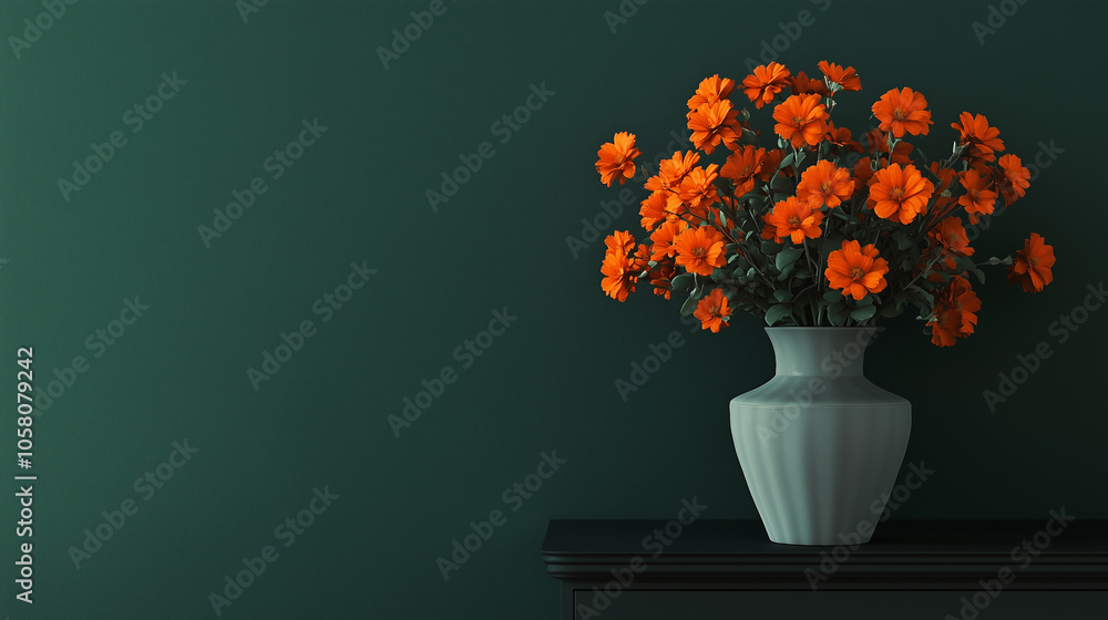 A bouquet of lilies placed on an antique wooden table set against a dark green background. Copyspace A bouquet of lilies placed on an antique wooden table set against a dark green background. Copyspace