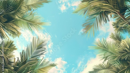 Frame of palm tree branches and blue sky, nature background