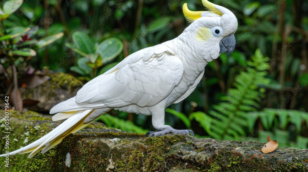 Sulfur-crested Cockatoo A white parrot with a yellow beak stood on the shelf. Sulfur-crested Cockatoo A white parrot with a yellow beak stood on the shelf.