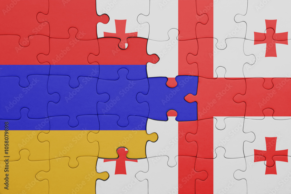 puzzle with the colourful national flag of armenia and flag of georgia . puzzle with the colourful national flag of armenia and flag of georgia .