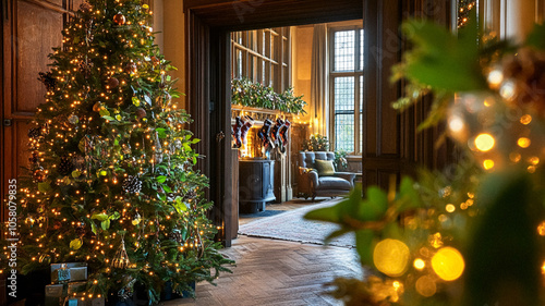 Christmas decor, country cottage style house decoration for an English countryside home interior design, winter wreath holiday botanical arrangements and festive atmosphere, Merry Christmas and Happy