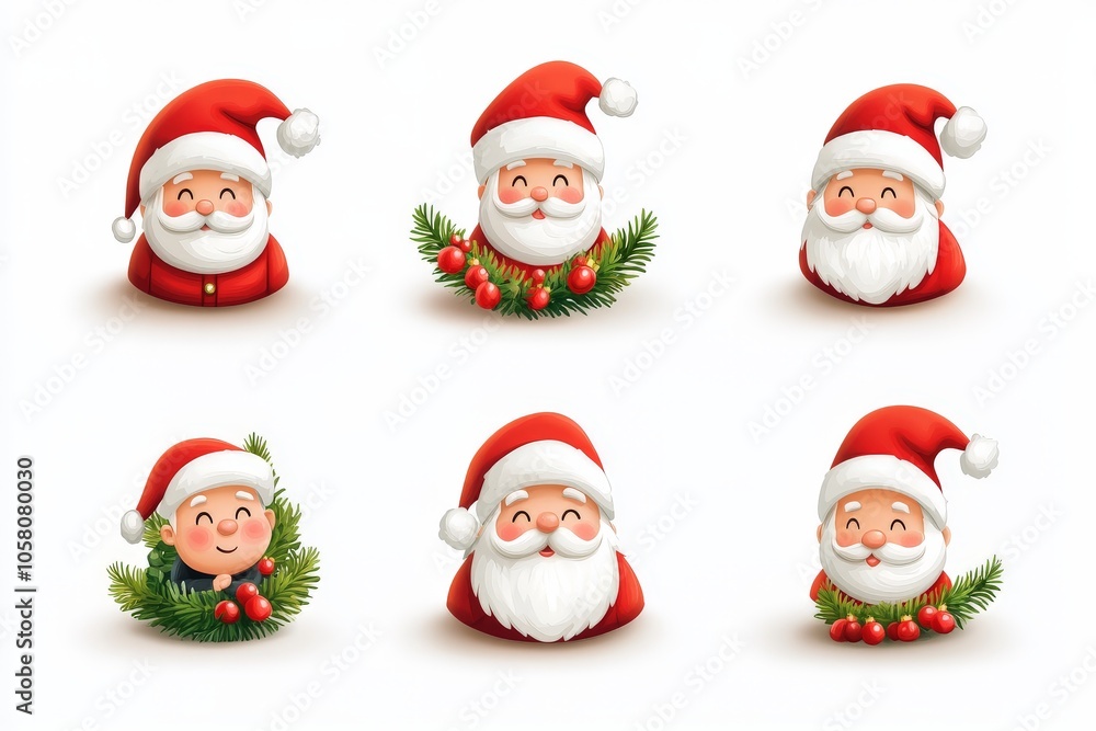 Collection of smiling Santa faces in a festive arrangement with red hats green holly leaves and berries combining joy and warmth in a playful holiday pattern Collection of smiling Santa faces in a festive arrangement with red hats green holly leaves and berries combining joy and warmth in a playful holiday pattern