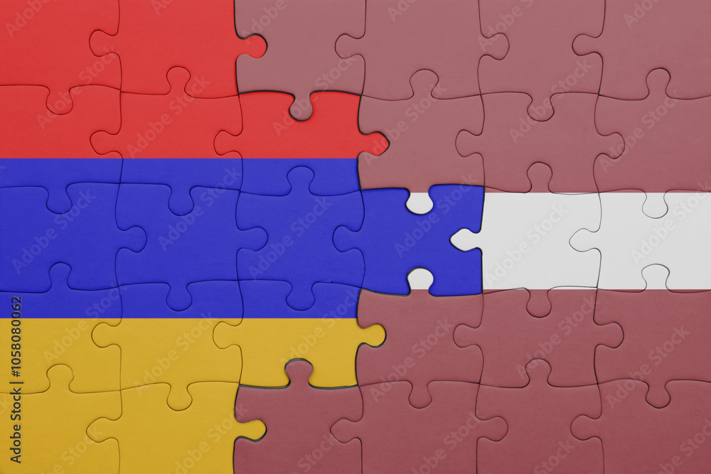 puzzle with the colourful national flag of armenia and flag of latvia . puzzle with the colourful national flag of armenia and flag of latvia .