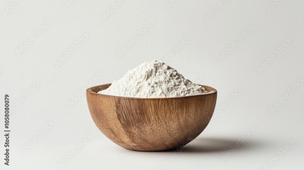 Wooden bowl filled with white flour, creating a simple and rustic food visual, isolated on white background Wooden bowl filled with white flour, creating a simple and rustic food visual, isolated on white background
