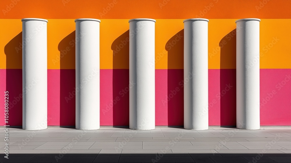 Five white cylindrical columns casting shadows against a vibrant two-tone wall with orange and pink horizontal stripes in a modern architectural setting Five white cylindrical columns casting shadows against a vibrant two-tone wall with orange and pink horizontal stripes in a modern architectural setting