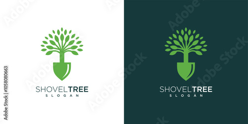 illustration of logo design of shovel tree. gardening logo concept shovel and nature tree