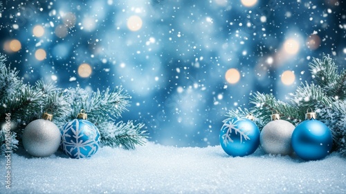 Christmas - Blue bauble on snow with fir branches