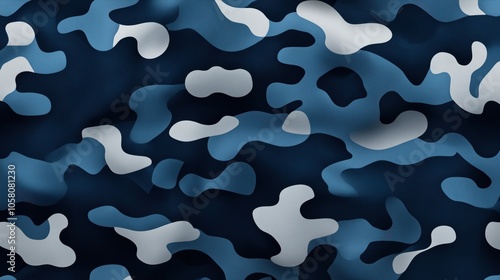 Abstract blue and gray camouflage pattern with organic shapes and smooth transitions, resembling a textile fabric texture in a seamless design.