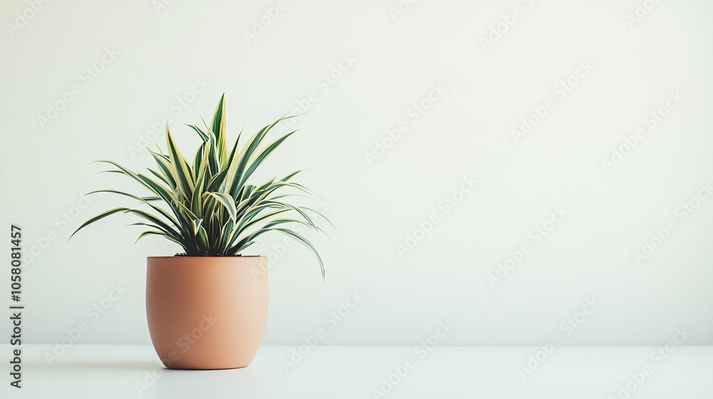 A potted plant with green leaves sits on a white surface against a white wall. A potted plant with green leaves sits on a white surface against a white wall.