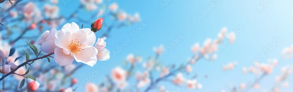 Wild roses against a blue sky background with banner and copy space, perfect for spring floral design and presentation templates Wild roses against a blue sky background with banner and copy space, perfect for spring floral design and presentation templates
