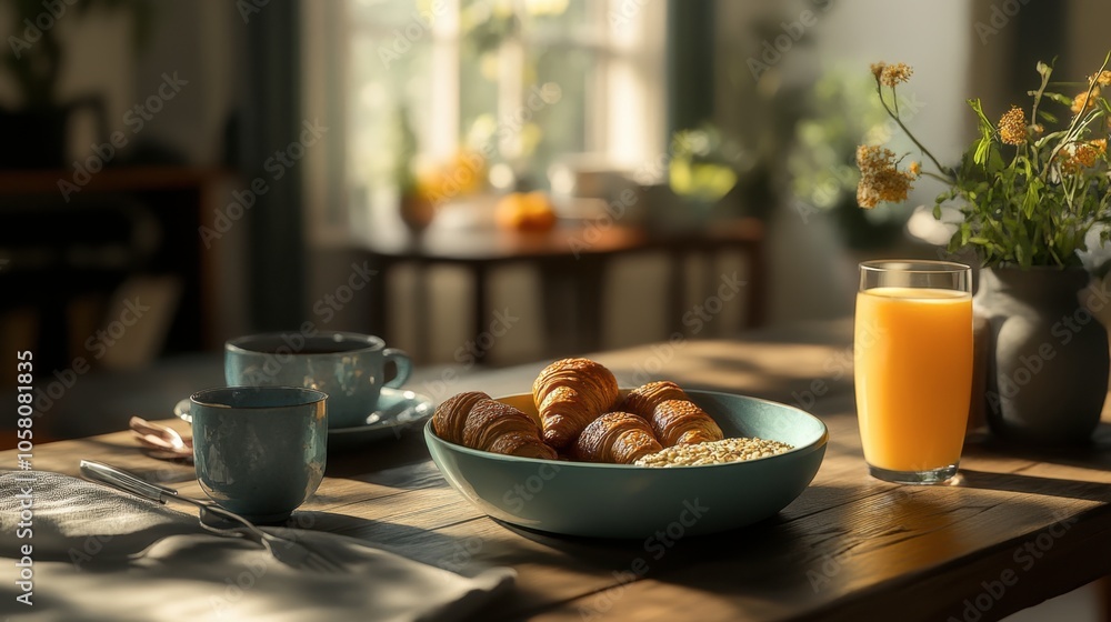 Cozy Breakfast Table with Pastries and Juice Cozy Breakfast Table with Pastries and Juice