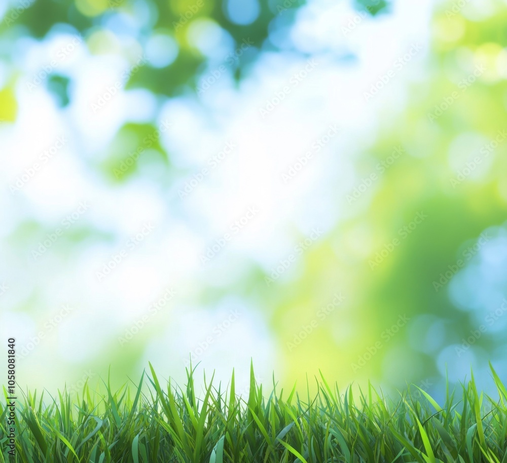 Obraz premium Blurred spring background with vibrant green grass and soft bokeh lights, ideal for nature-themed designs with 3D rendering and space for text.