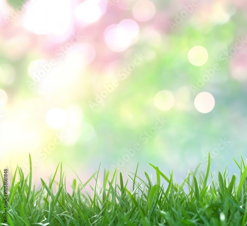 Blurred spring background with vibrant green grass and soft bokeh lights, ideal for nature-themed designs with 3D rendering and space for text.