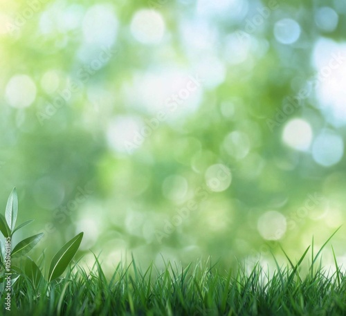 Blurred spring background with vibrant green grass and soft bokeh lights, ideal for nature-themed designs with 3D rendering and space for text.