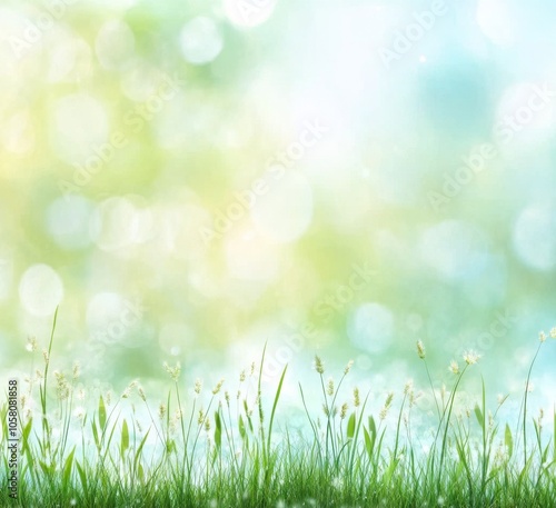 Blurred spring background with vibrant green grass and soft bokeh lights, ideal for nature-themed designs with 3D rendering and space for text.