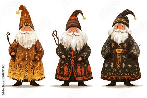 Trio of folk inspired Santa gnomes in brown attire with rustic charm set against a simple background blending traditional holiday themes with whimsical style photo